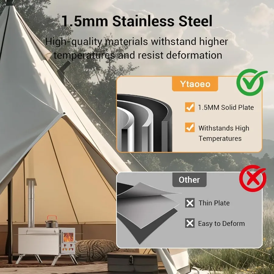 موقد حرق الخشب المحمول المصنوع من الفولاذ المقاوم للصدأ للتخييم في الخيمة: حل تسخين وطهي بسعة كبيرة مع 7 أنابيب مدخنة #6