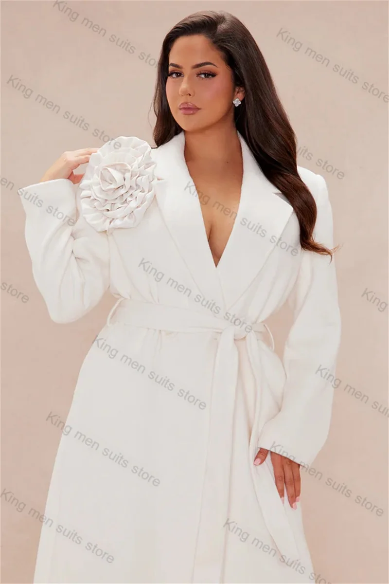 White Women Suit 1 Piece Long Blazer With Belt 3D Flower Customized Formal Office Lady Jacket Wedding Prom Dress Coat