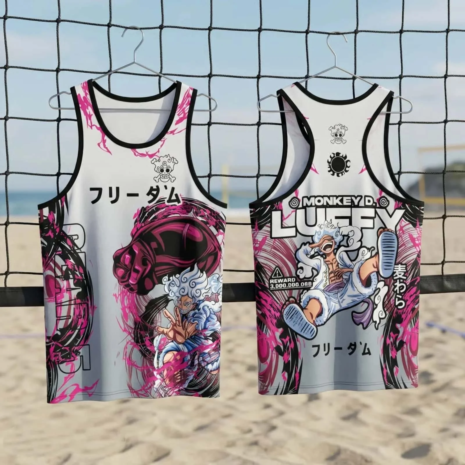 All members of the Straw Hat Pirates have a Nika shaped front and back large printed basketball vest with a cartoon display top