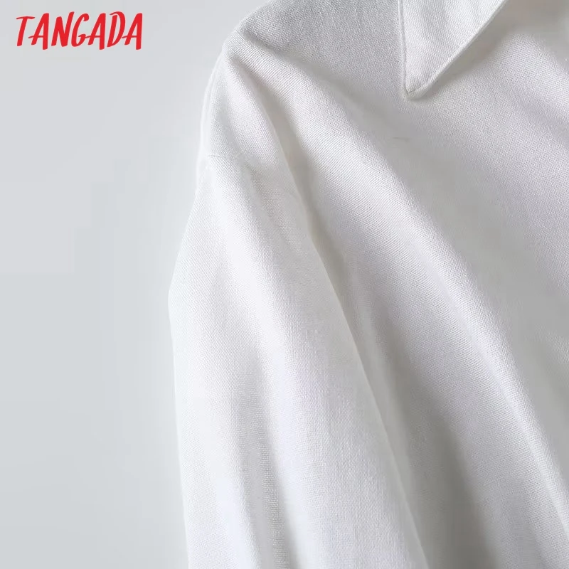 Tangada 2024 Women High Quality Linen Cotton Blouse With Bow Long Sleeve Ladies Oversized Shirt Top 4C309