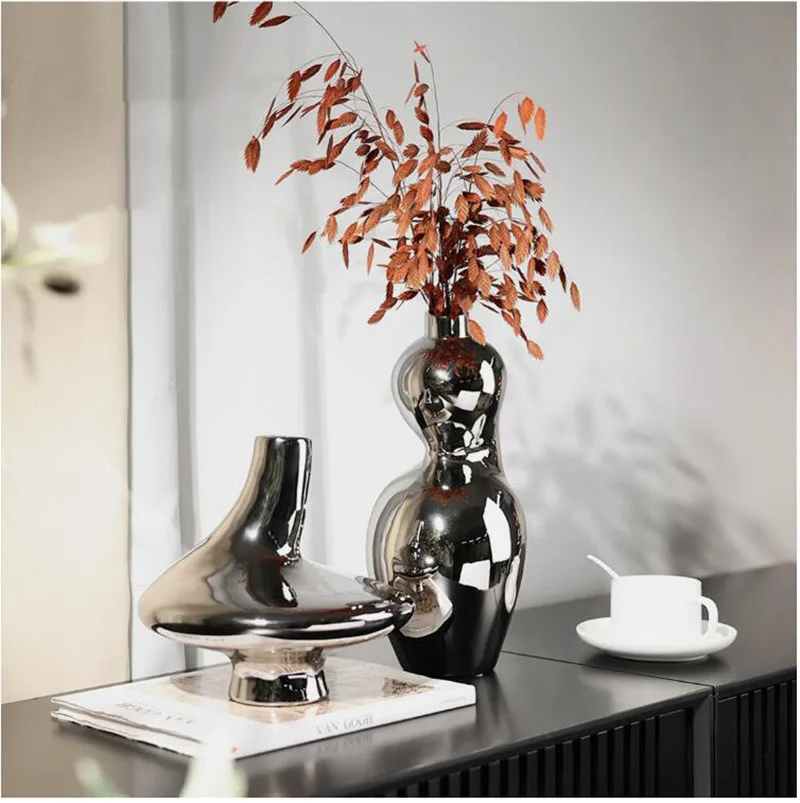 Silver Shaped Space-Time Round Twisted Ceramic Vase Creative Ceramic Vase Ornament Bedroom Entrance Living Room Decorations