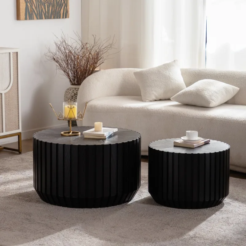 Black Ribbed Round Nesting Coffee Table Set Modern Living Room Side Table Wooden Center Table for Home Office Decor Furniture