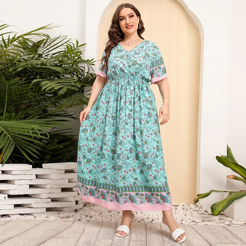 

Large size women's loose V-neck dress high waist long dress seaside vacation wind beach skirt high-end temperament elegant class