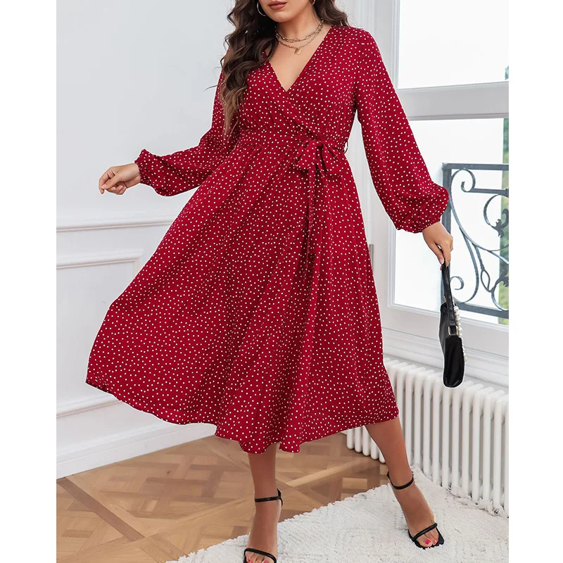 Herbst Winter Elegante Übergroßen Polka Dot Plus Größe Kleid Langarm Design Taille Casual Vestidos De Fiesta Mode Robe Femme