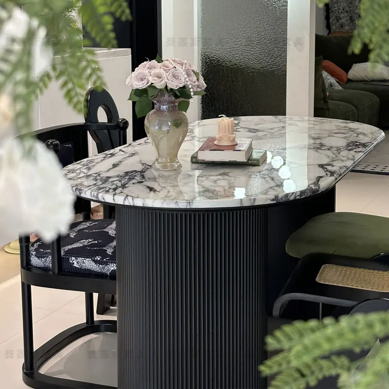 Marble dining table, oval slate dining table and chair combination