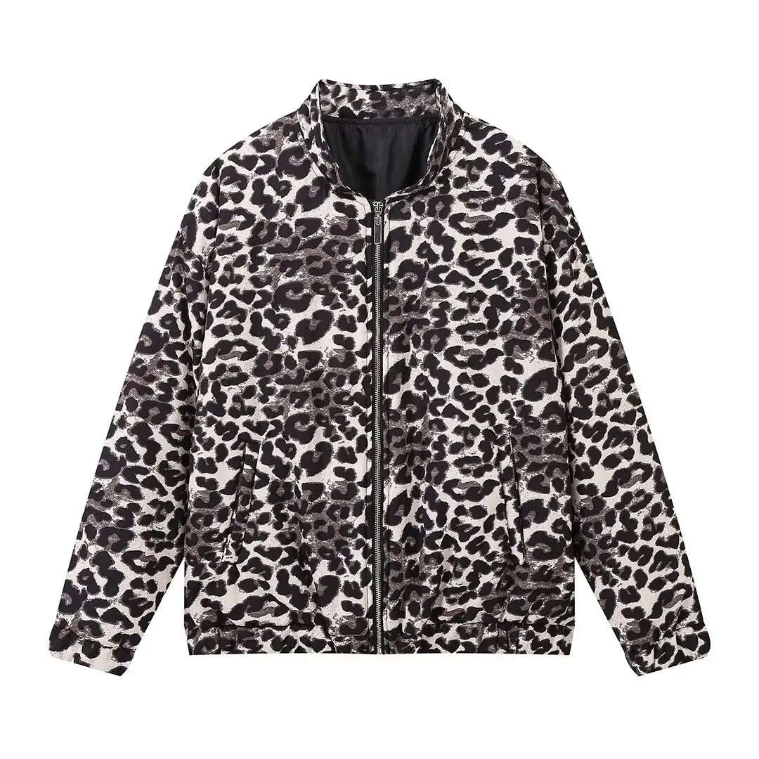 European and American style leopard print stand collar zipper quilted jacket coat women autumn and winter new fashion all-match