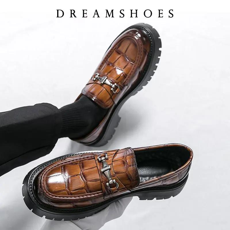عالية الجودة الرجال جلد التمساح مريحة سميكة سوليد ديربي أحذية الربيع الرجال الرجعية الانزلاق على الأعمال أحذية من الجلد عادية #5