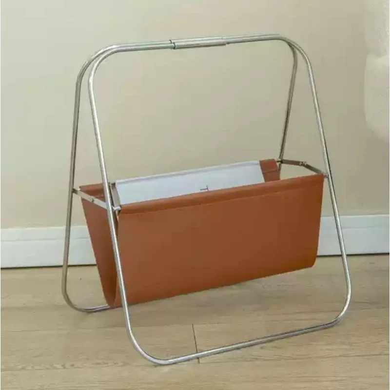 Vintage Light Luxury Leather Magazine Shelf - Stainless Steel Foldable Bookcase, Mid-Century Design, Living Room Storage