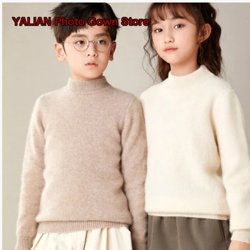 Boys Girls Mock Neck Cashmere Knit Top Autumn Winter Warm Soft Base Layer High Neck Kids