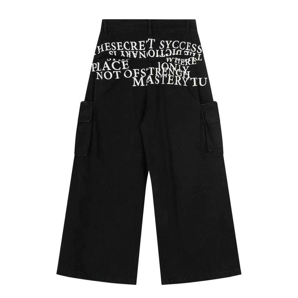 Pockets Letters Printed Wide Leg Grunge Oversize Goth Cargo Jeans Pants Trousers for Women Grils Streetwear Winter Spring