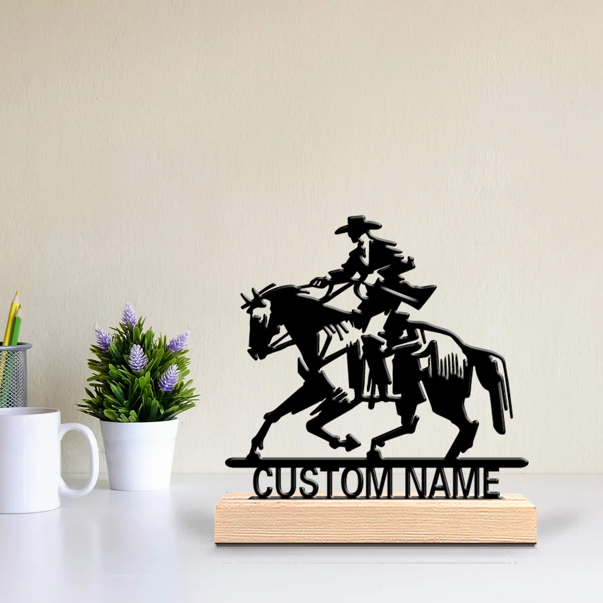 1個のかわいいパーソナライズされたカスタム乗馬金属像、木製ベース付きメタルアート、動物愛好家、ペット愛好家に最適