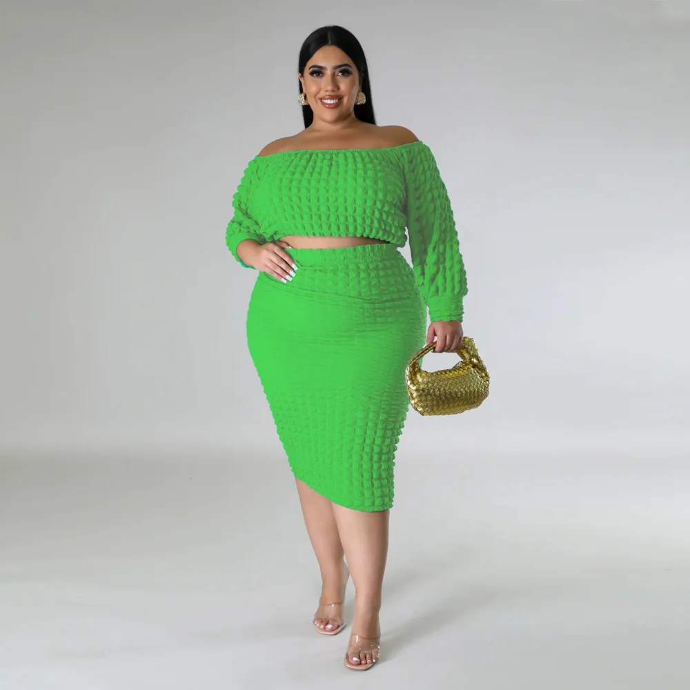 SOMO Plus Size Summer Fashion Two Piece Skirt Set Bubble Grid Solid Color Short Top + Skirt Two Piece Sets Wholesale Shipping