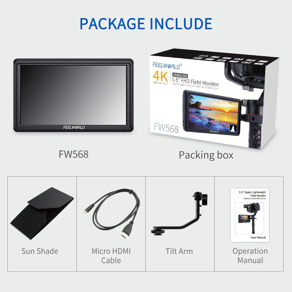 FEELWORLD FW568 V2 5.5 Inch 3D LUT DSLR Camera Field Monitor IPS Full HD1920x1152 Support HDMI Output With Tilt Arm for Gimbal