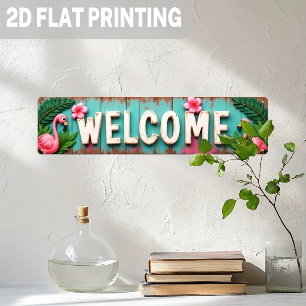 1pc Metal Flamingo Sign - Tropical Rustic 2D Flat Welcome Decor with Pink Flamingos & Green Leaves, for Bedroom Living Room - view 4