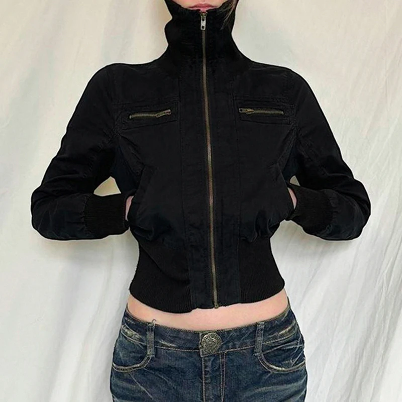 Rapcopter Black Zipper Jacktes Pockets Cropped Cargo Coat Women Autumn Winter Streetwear Vintage Fashion Outwear Korean Gothic