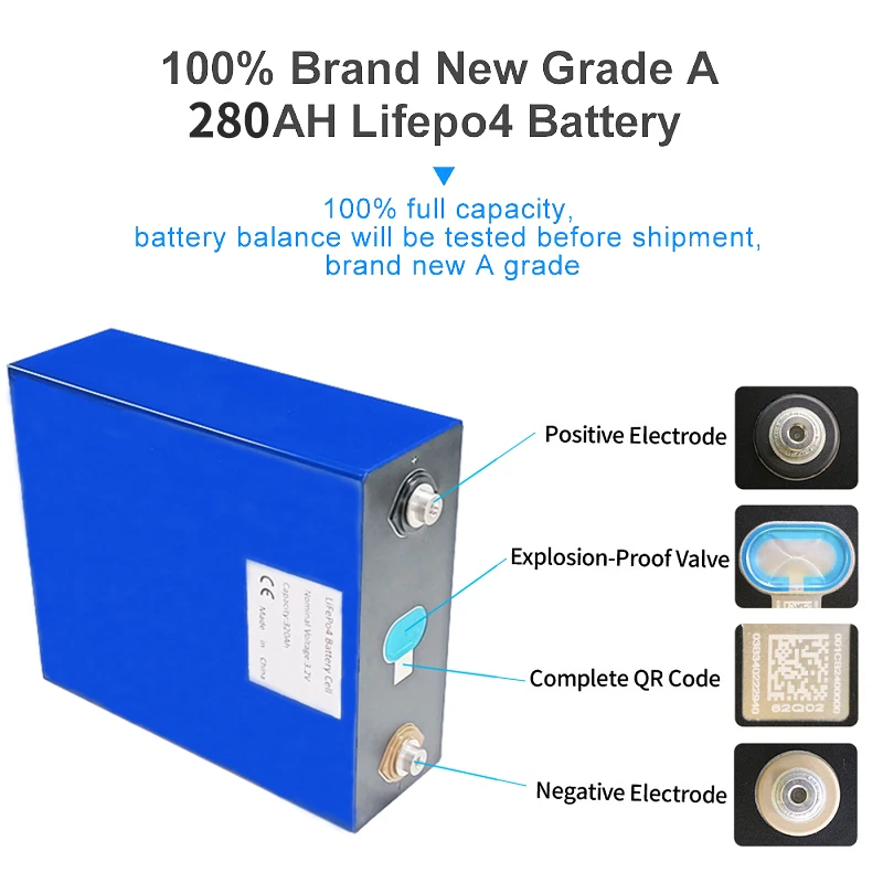 280AH LiFepo4 4PCS Rechargeable Battery Cell 3.2V Brand New Grade A Lithium Iron Phosphate 6000 Cycles Solar Energy Power Bank