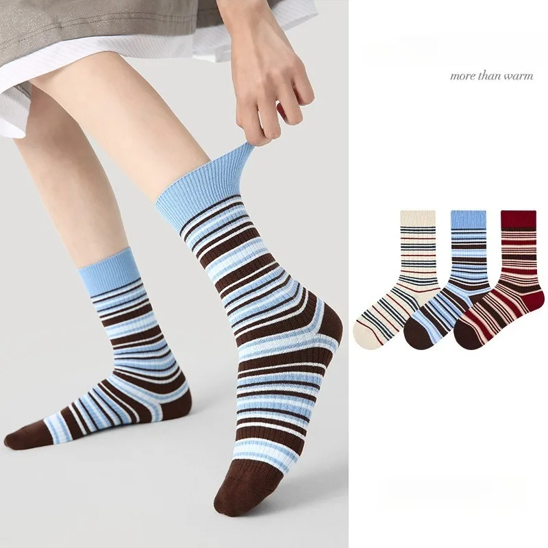 3 Pairs Women's Autumn Winter Cotton Striped Mid-Calf Grip Socks Fashion Ankle Socks Set Casual Loose Socks High Quality Hosiery