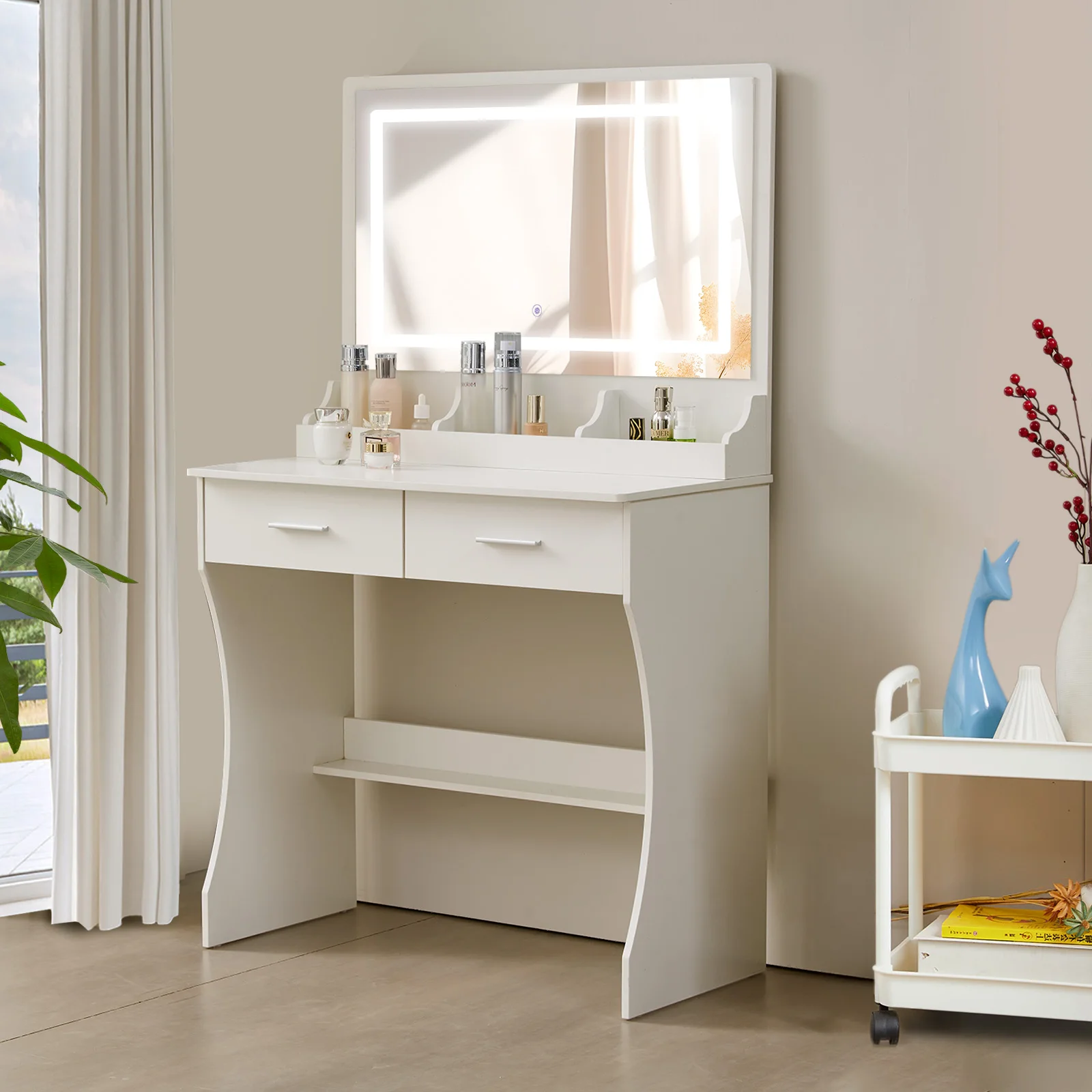 

Makeup Vanity with Lights, Vanity Desk with Openable Mirror & 3-Color Dimmable, White Vanity Table with Charging Station