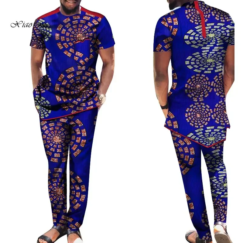 Fashion Men Set African Clothes 2 Pieces Dashiki Shirts and Pants Bazin Riche Men Suits African Pants and Tops Sets WYN1370