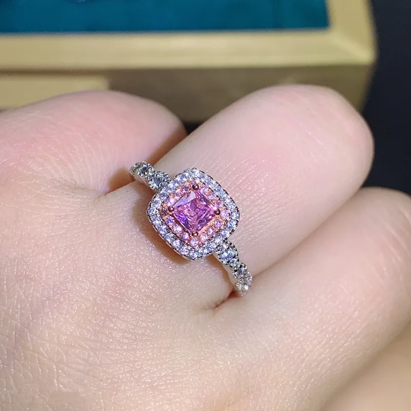 CC Sterling Rings For Women Princess Pink Square Zircon Party Wedding Jewelry Bijoux Femme Engagement Accessories CC705