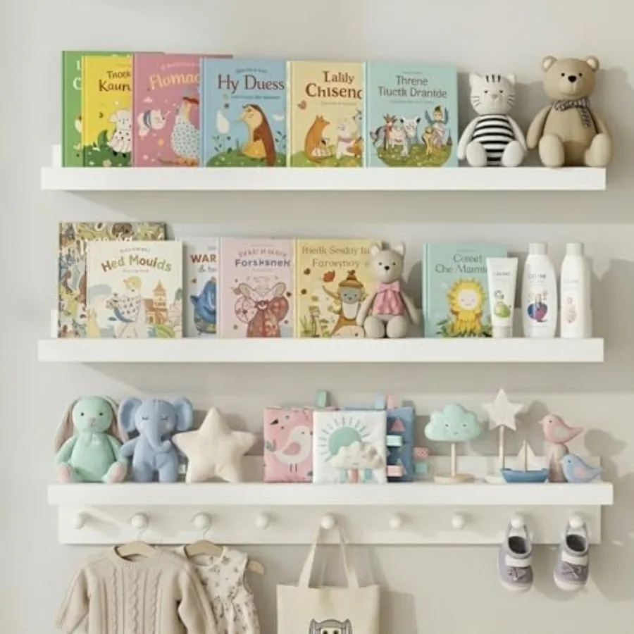 

Solid Wood Nursery Book Shelves for Room, Wall Shelf with Hooks and Floating Shelf with Pegs, Picture Ledge to Organize Books,