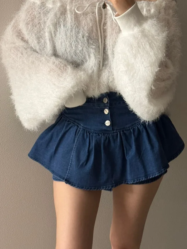 Wrinkled Petal Denim Jeans Women's Vintage Wash High Waist Single Button Anti Exposure A-Line Shorts Skirt Pants Summer