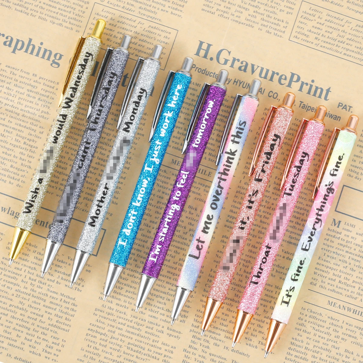 9Pcs Funny Daily Pens Metal Ball Pen Retractable Press Funny Pen Quick Drying Signature Pen Stationery Office School Supplies