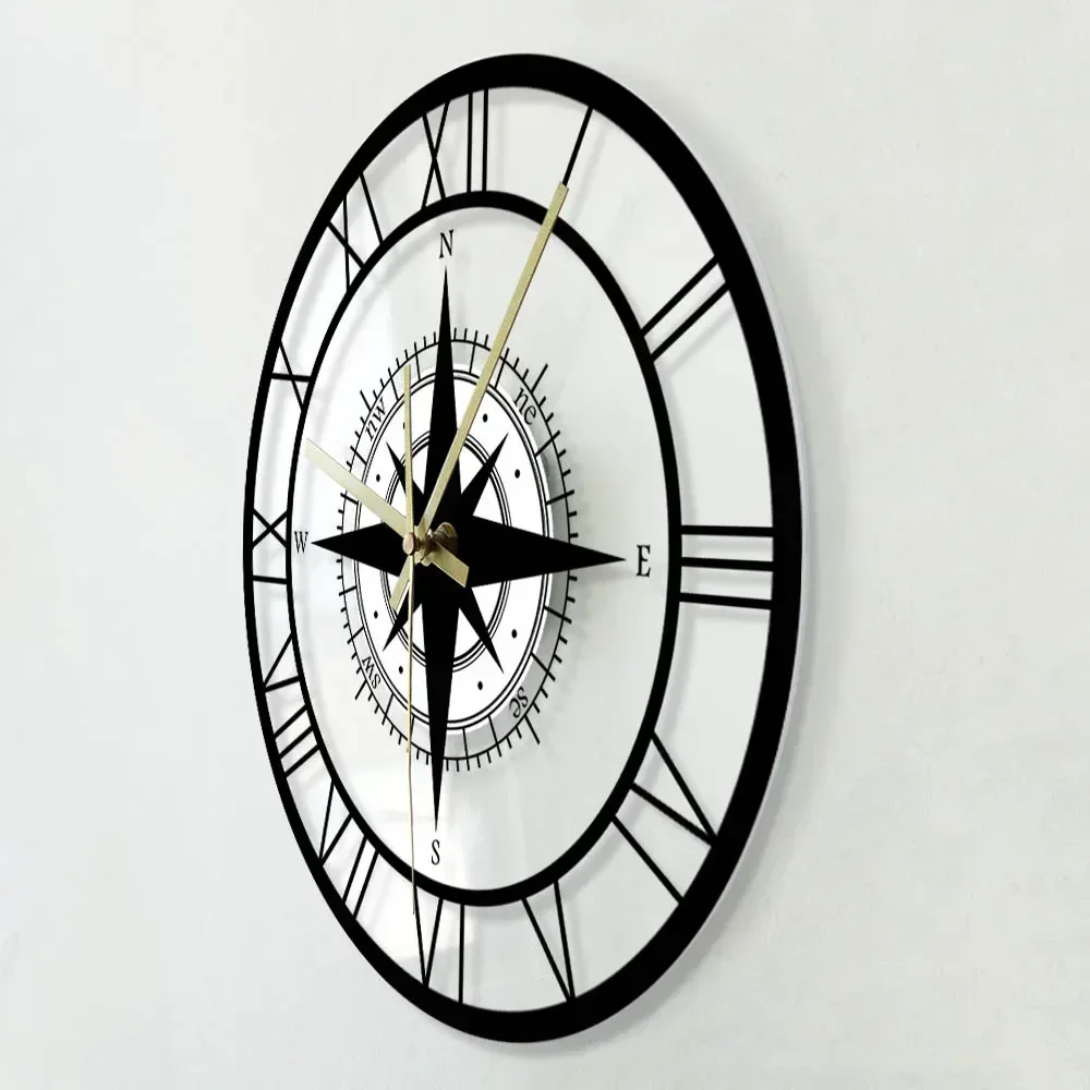 Black Wind Rose Compass Exclusive Silent Wall Clock Direction Map Nautical Home Décor Traveller Interior Design Retro Wall Watch