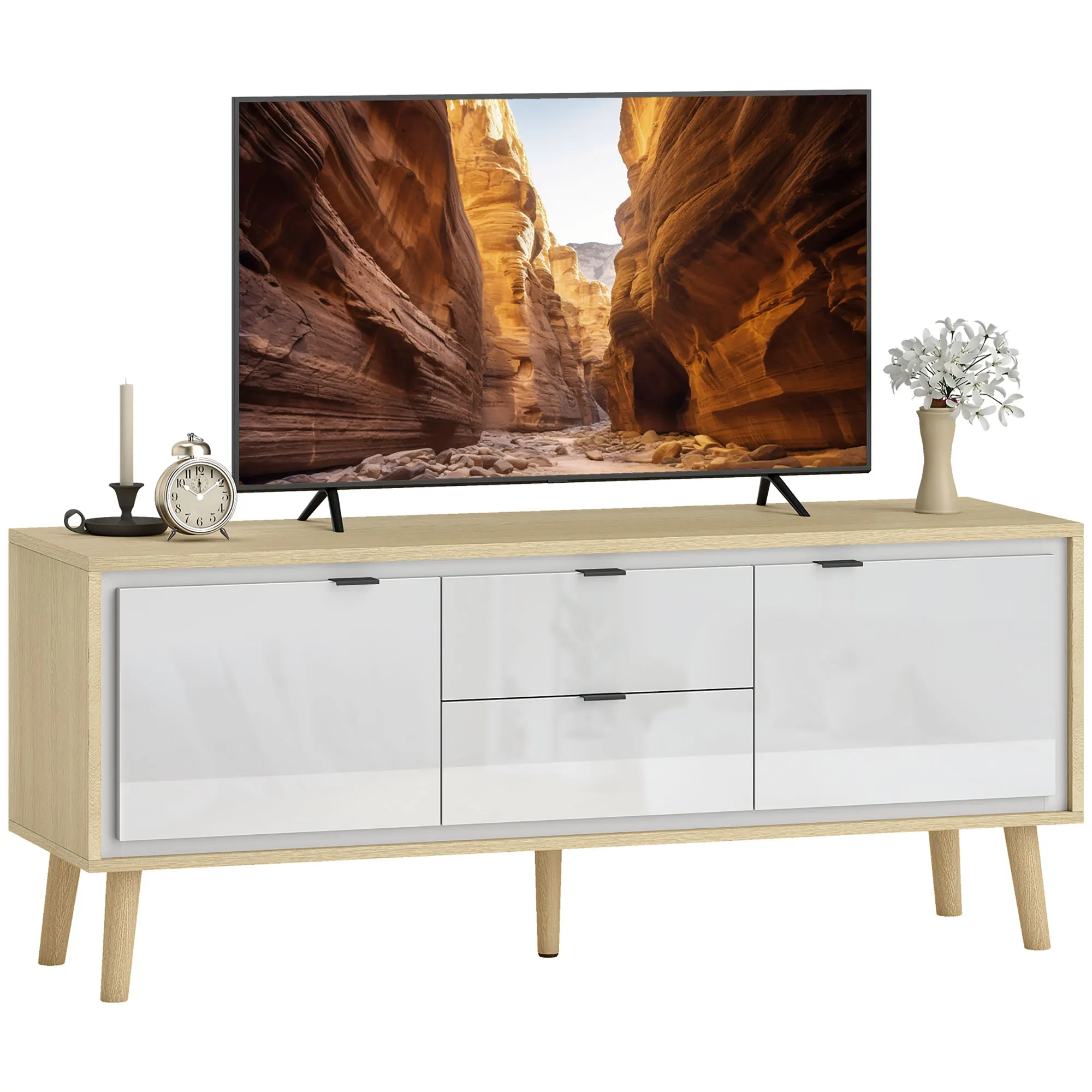 HOMCOM Mueble de TV Moderno de 2 Puertas, Mesa TV para Salón con 2 Cajones, Orificios Pasacables, Estantes Extraíbles y Ajustables, para Televisión 55 Pulgadas, 120x35x50 cm, Blanco Brillo y Roble