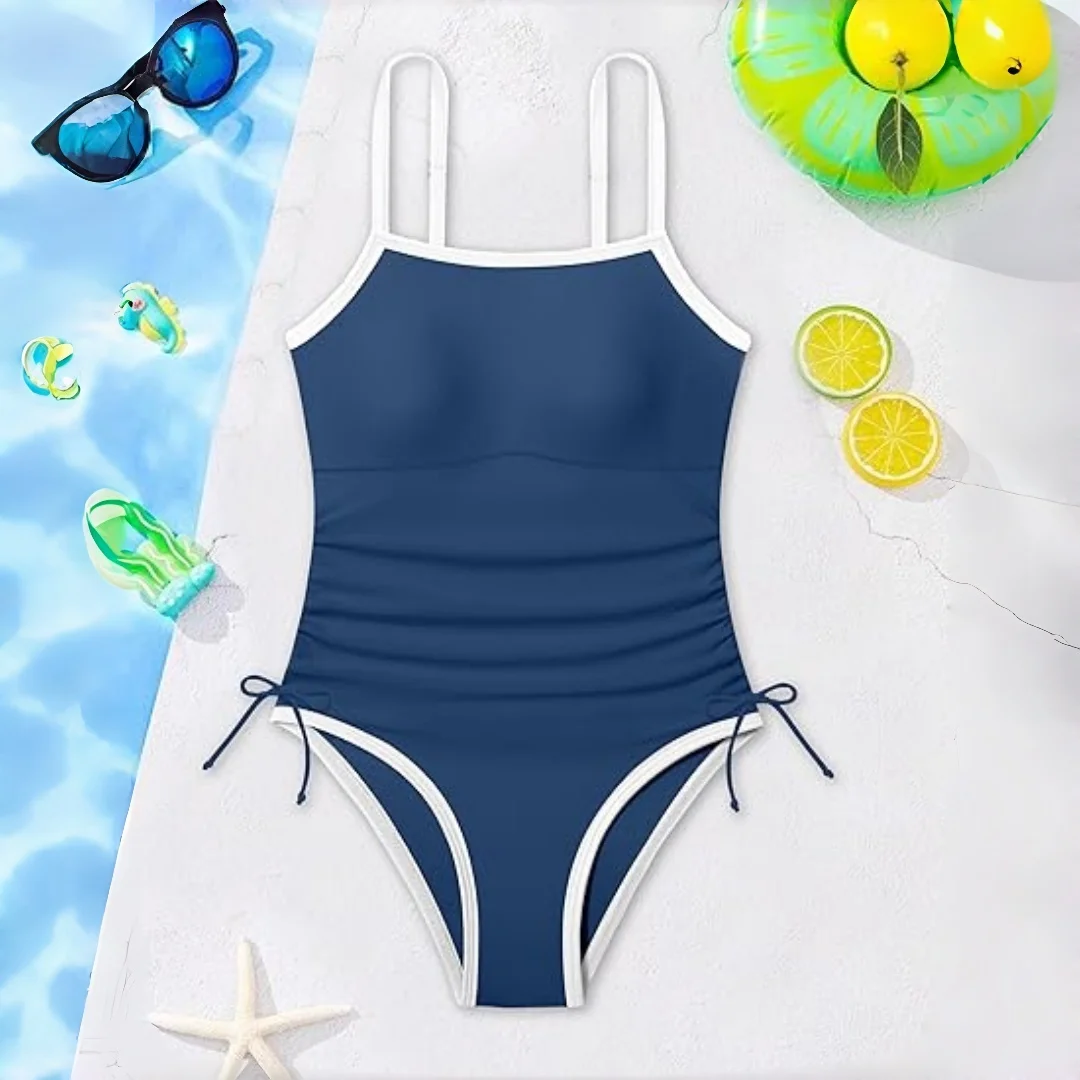 

Girls One Piece Swimsuit Bathing Suit Grey And Black Color Strap Swimwear Drawstring Beach Wear for Teens Girls 7-16Y with Padd