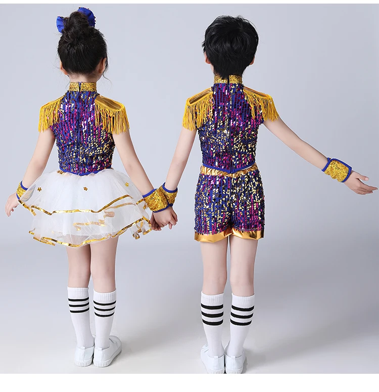 Children Modern Dance Suit Sequin Jazz Dance Clothing Set For Girls Boys Kids Dance Outfit Stage Suit Cheerleader Dress