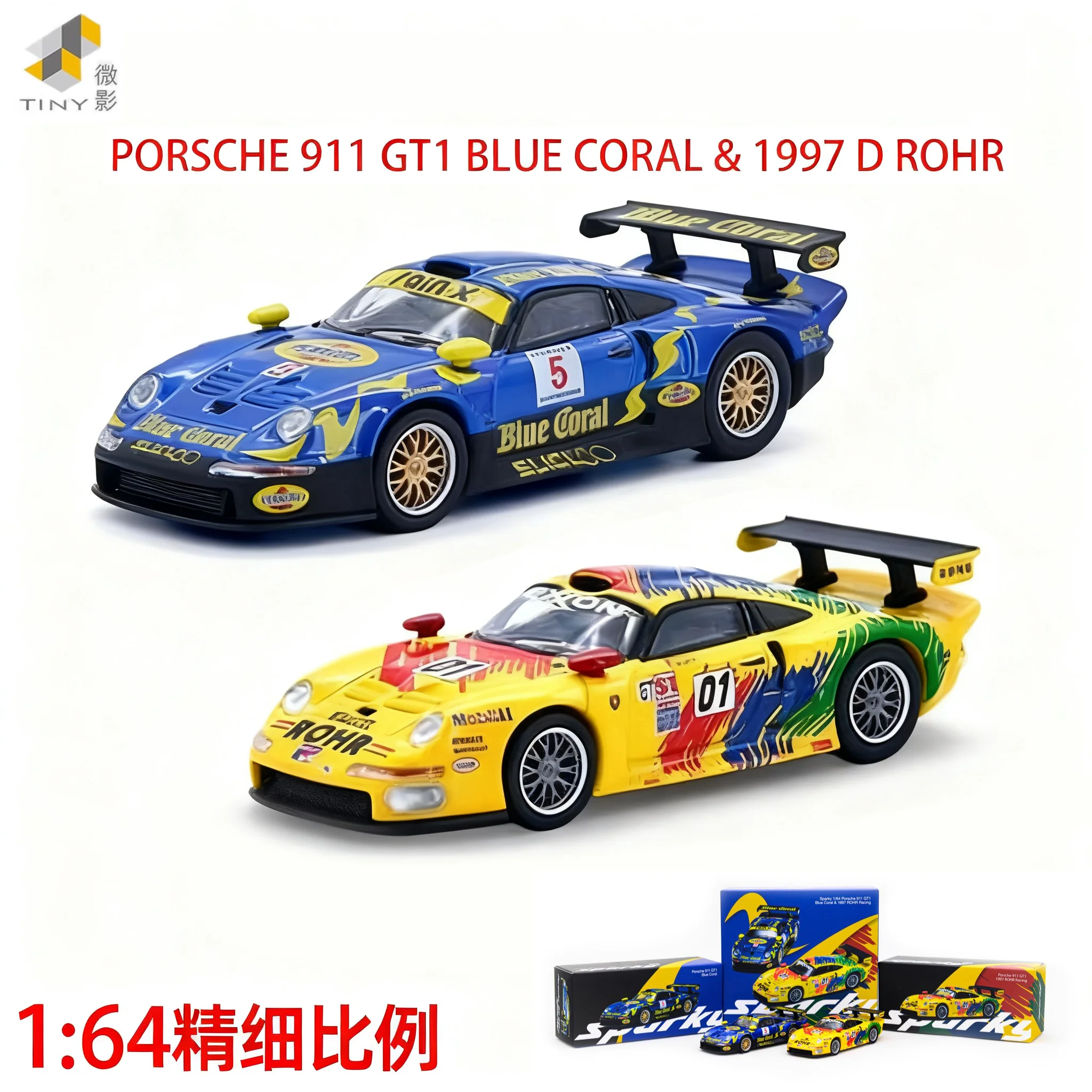 

Sparky 1:64 Porsche 911 GT1 Blue Coral & 1997 D ROHR Alloy Premium Diecast Vehicle Model Toys Collectible Display Piece
