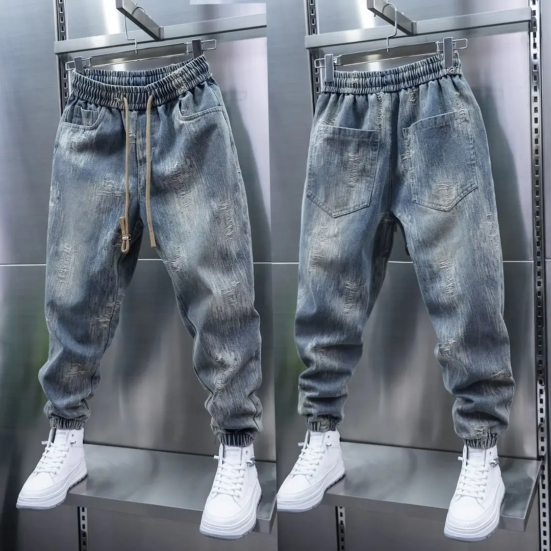 

Trendy 2026 Men's Summer New Old Light Blue Jeans Loose Tied Feet Scratched Pants Elastic Waist Luxury Brand Clothes Men