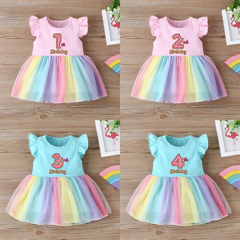 

Donut Baby Girl 1st 2nd 3rd 4th Birthday Dress Cute Princess Vestidos Infant Toddler Girls Clothes Rainbow Mesh Party Dresses