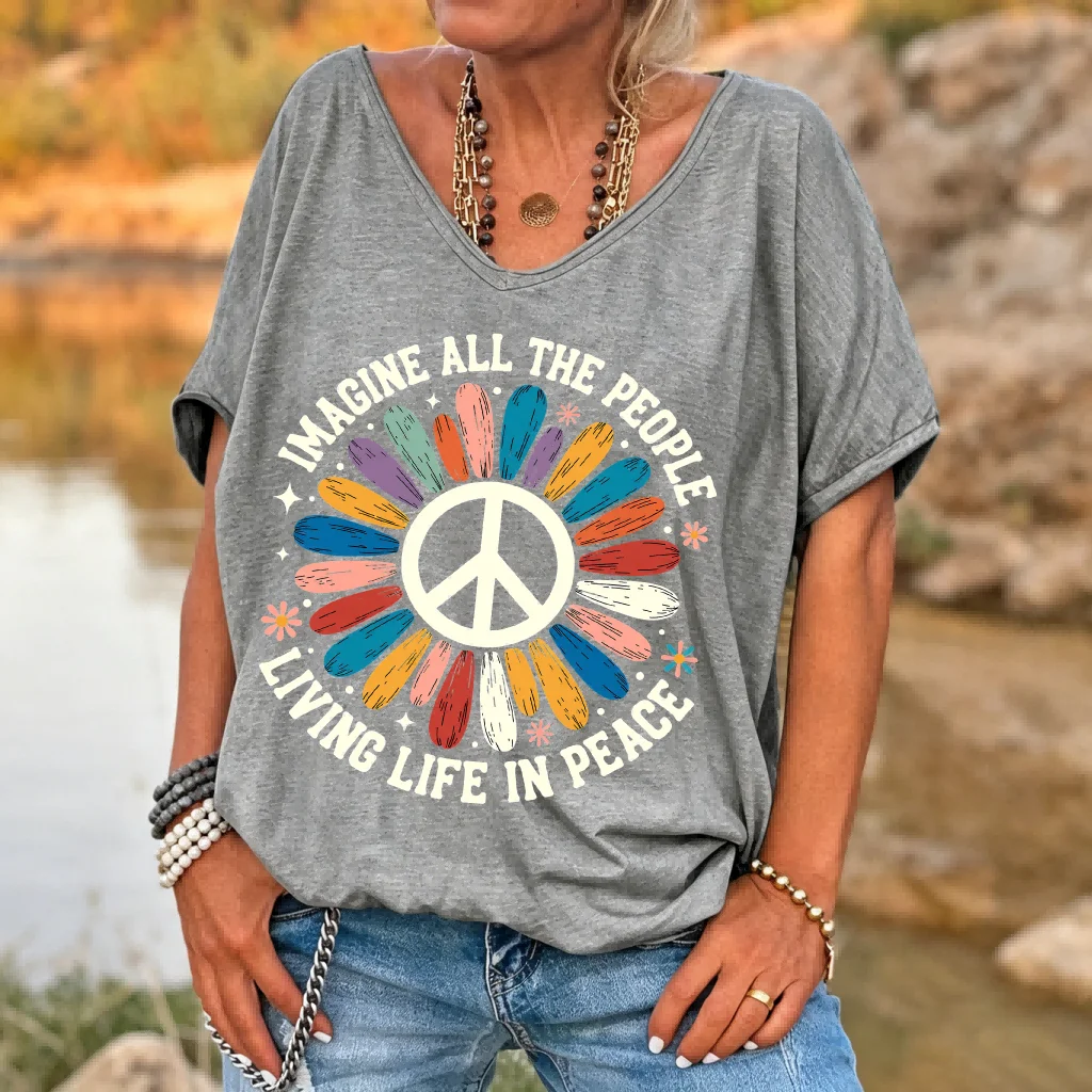 Ilstile Damen-T-Shirt „Imagine All The People Peace Sign“ im Retro-Stil mit Hippie-Blumendruck, V-Ausschnitt, lockere Passform, lässiges Sommer-Top