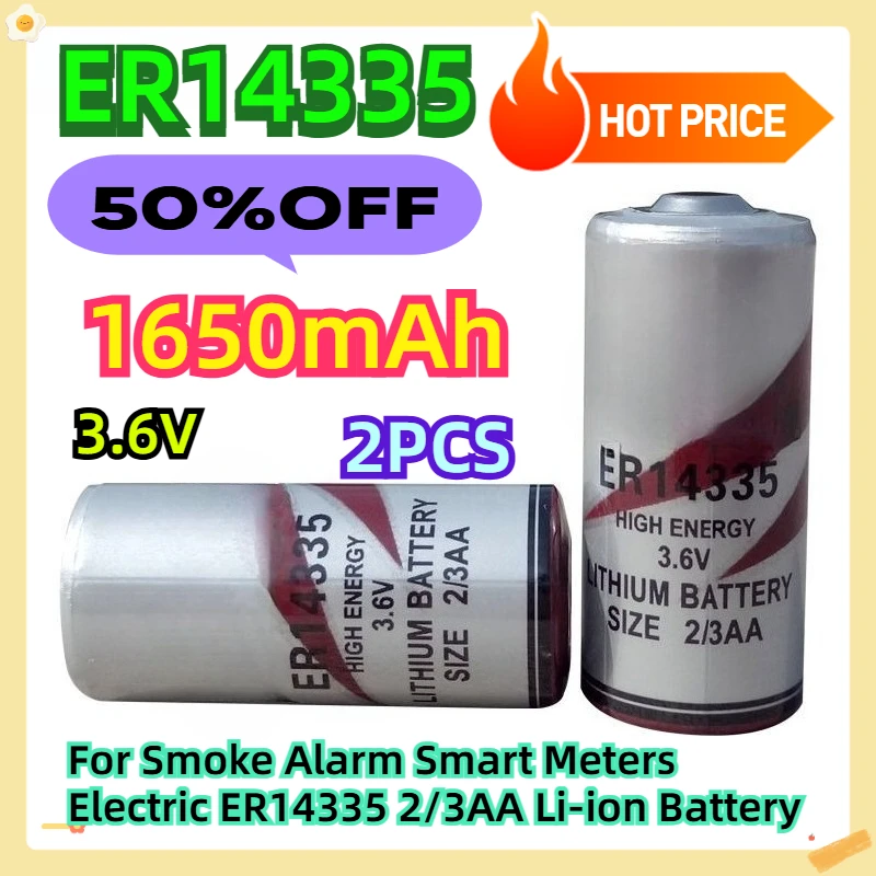 

1650mAh 3.6V 2pcs For Smoke Alarm Smart Meters Electric ER14335 2/3AA Li-ion Battery