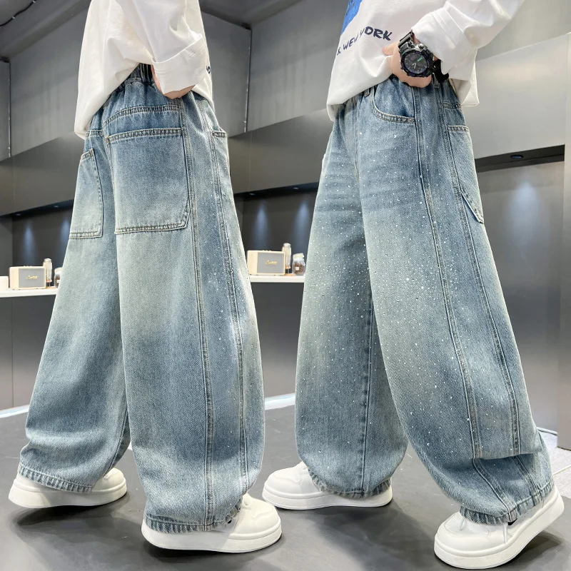 4-14Y Boys Jeans 2026 New Wide Straight Leg Denim Pant Children's Spring Autumn Big Child Handsome Shinny Cotton Sports Pants