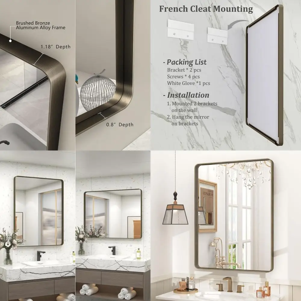 

24 x 32 Wall-Mounted Brushed Bronze Rectangle Vanity Mirror with Anti-Rust Frame, Adjustable for Horizontal or Vertical Hanging