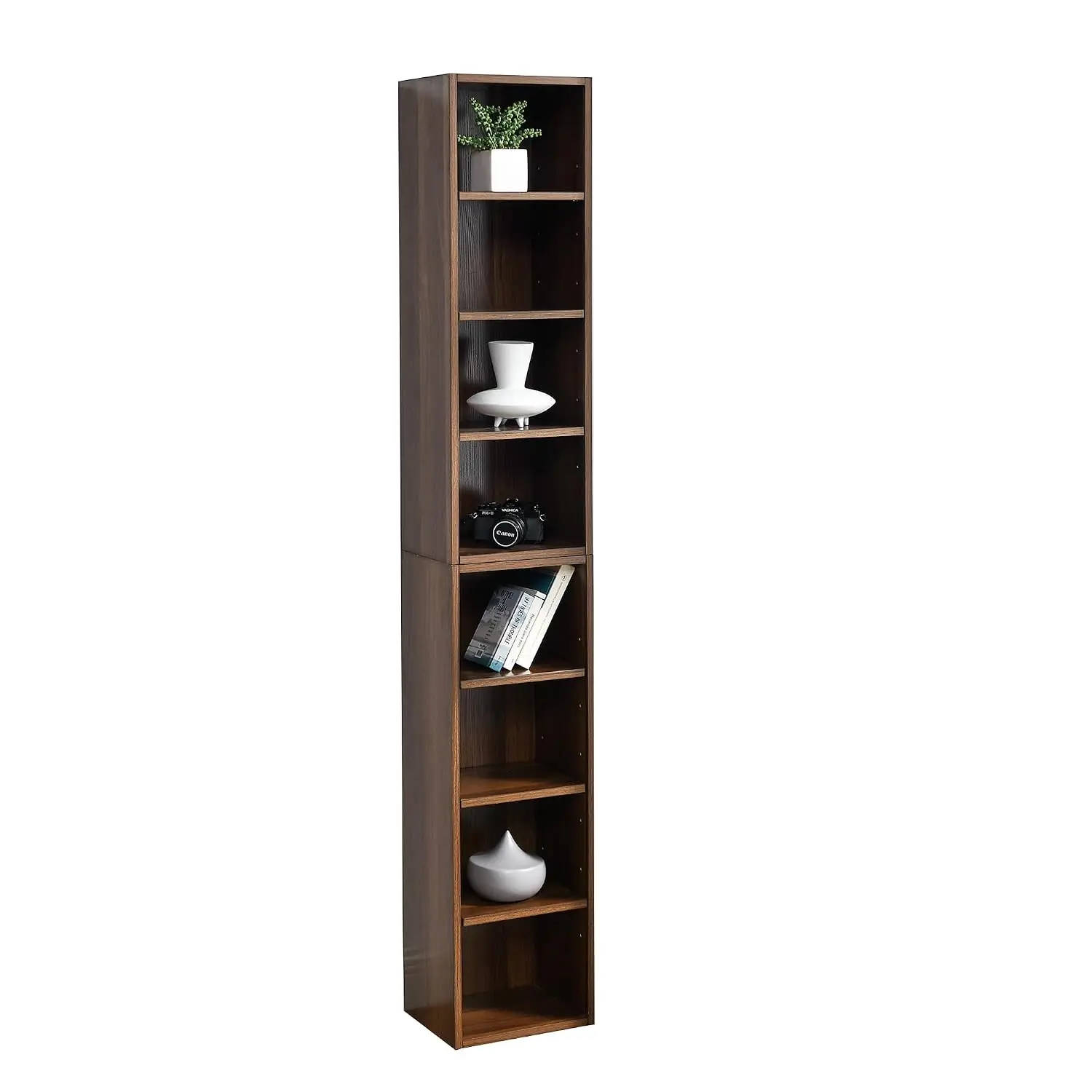 Tall Narrow 8 Tier Bookshelf Corner Bookcase 71in Slim CD DVD Tower Rack Adjustable Shelves Small Space Bedroom Living Room Offi