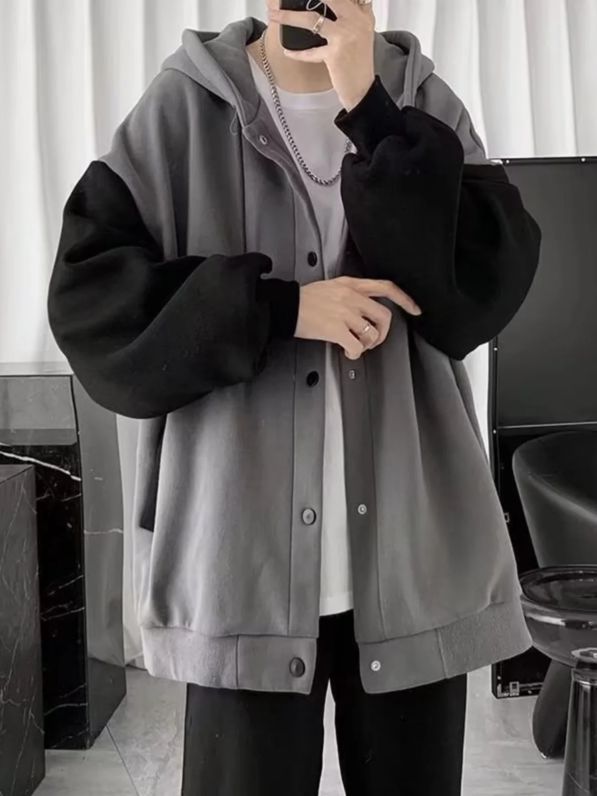 Men's Oversized Hoodie Cardigan Fleece Lined Casual Style Patchwork Autumn Winter Fashion Korean Loose Fit Hong Kong Style
