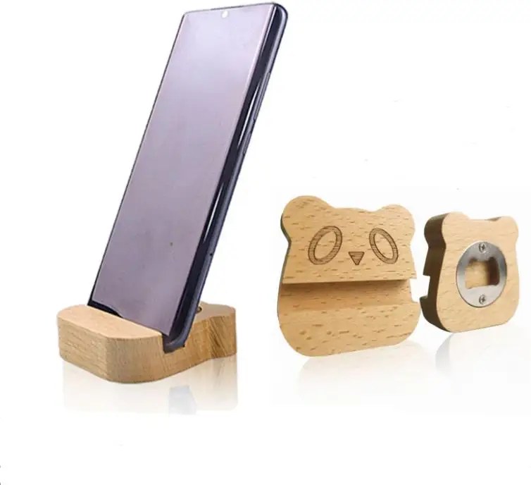 100pcs multi-function Solid wood mobile phone stand desktop mobile phone flat stand base creative wooden beer bottle opener