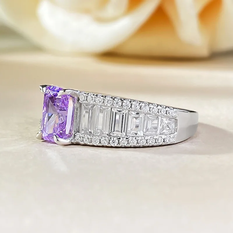 New 925 Silver High Carbon Diamond Ancestor Lavender Purple 5 * 7 Radian Cut European and American Ring