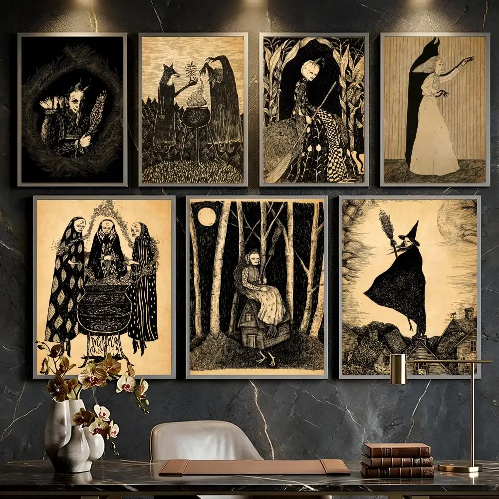 Affiche d'art d'anime rétro abstrait représentant une maison de sorcière dans la forêt - HD - Autocollante, imperméable, haute résistance, décoration murale universelle