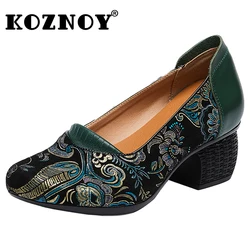 Koznoy 5CM nadruk świńska skóra buty na niskim obcasie letnia elegancja etniczna prawdziwa skóra moda etniczna masywne obcasy czółenka wsuwa się na kobiety