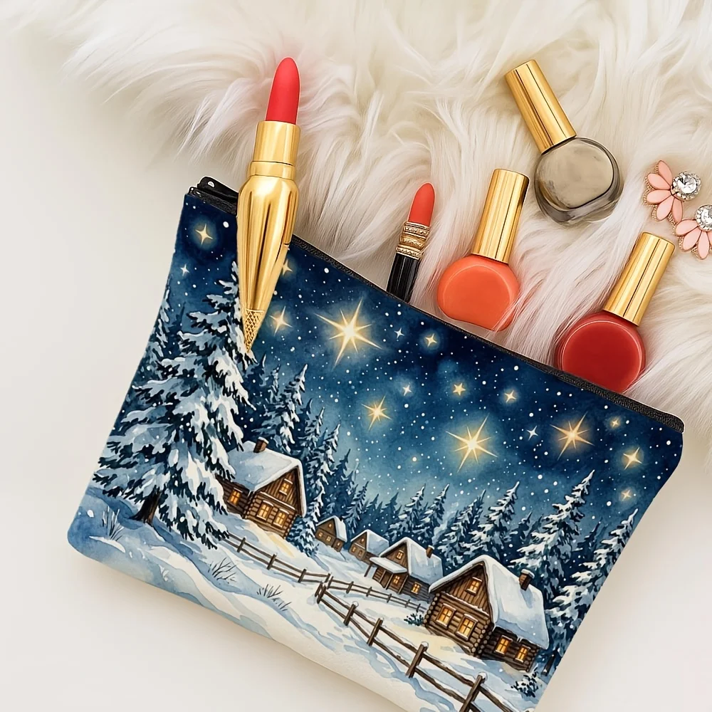 Christmas Winter Snow Cabin Starry Night Zipper Pouch Watercolor Pine Tree Print Cosmetic Travel Pouch Gift For Winter Lovers