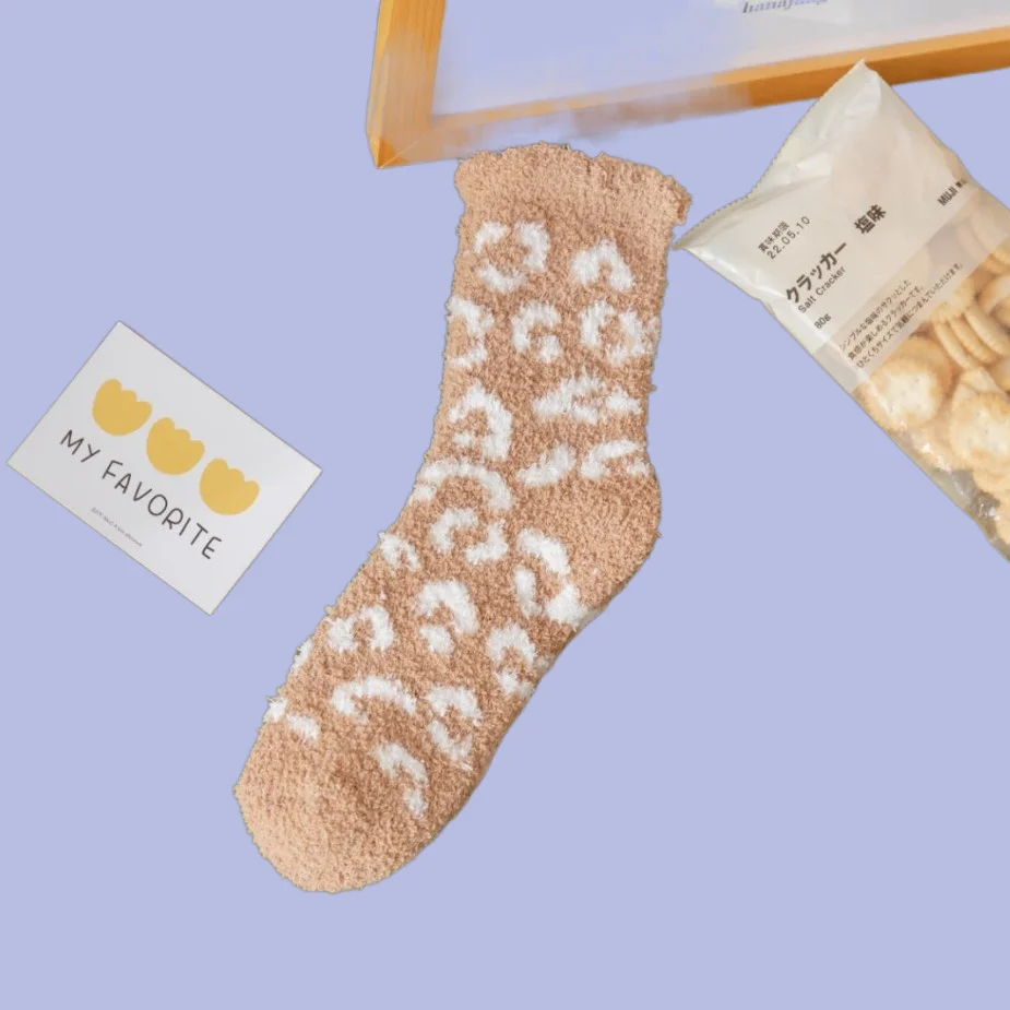 3/6 Pairs New High Quality Leopard Print Women Amazon Cross-border Thickened Home Sleep Socks Mid-tube Floor Coral Fleece Socks