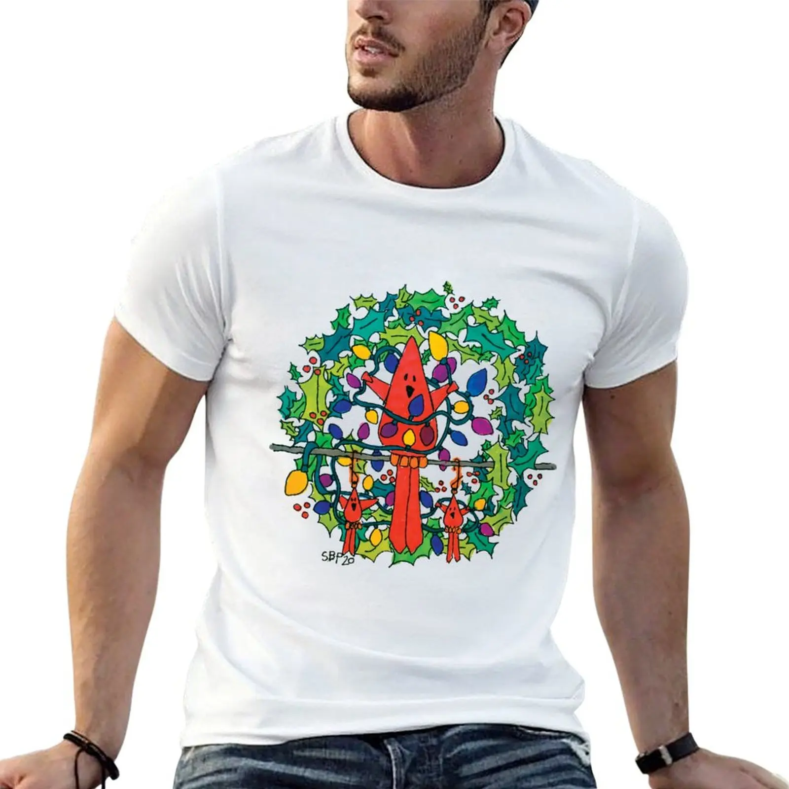 

RED BIRD PUT LIGHTS ON WREATH T-shirt summer top funnys graphics t shirts for men graphic