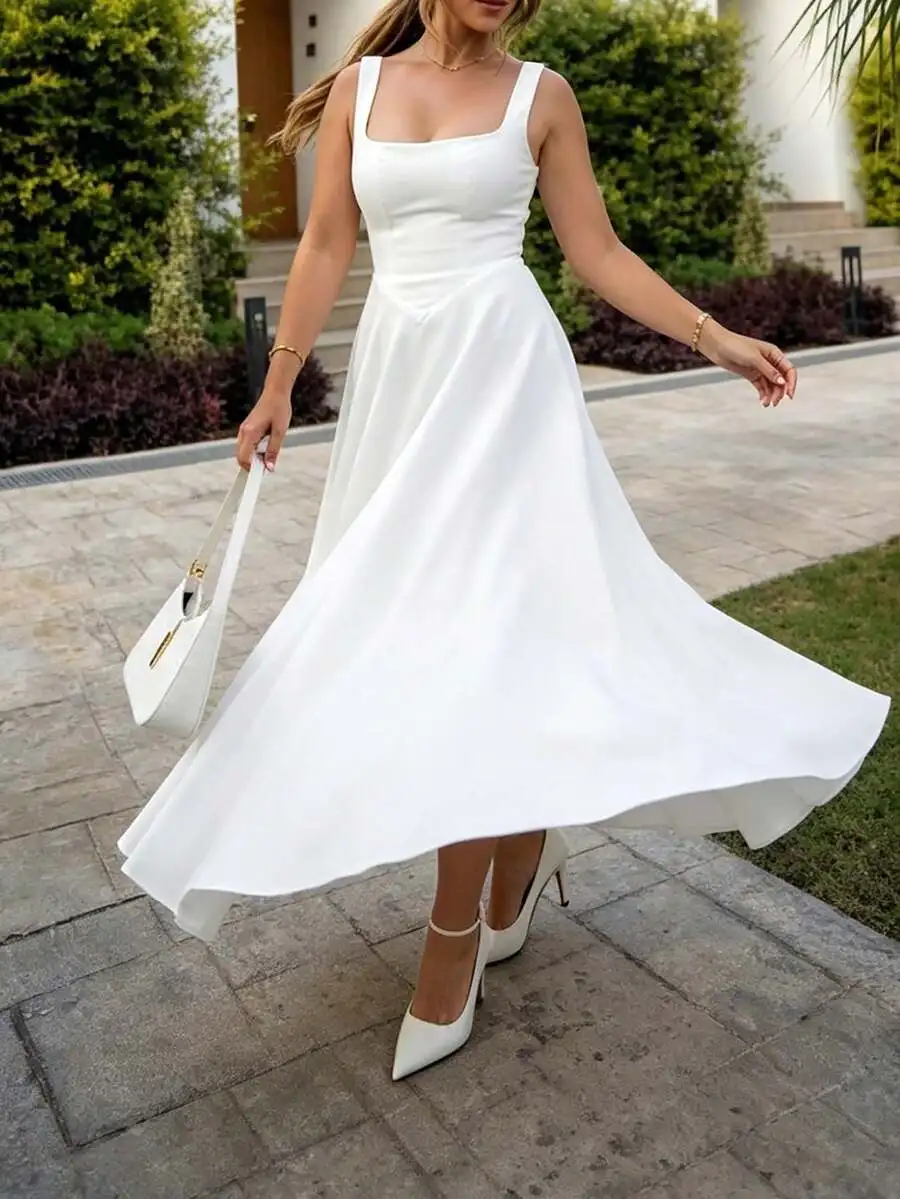 

Womens Sleeveless Square Neck A-Line Flowy Long Dress With Pockets