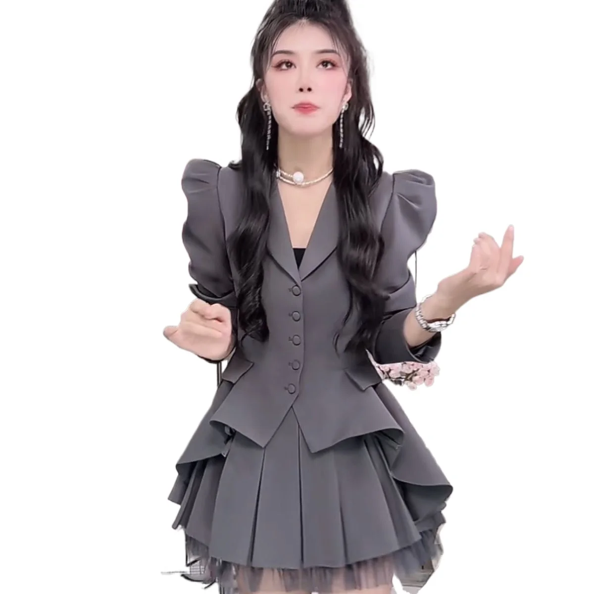 

women Two-piece Set 2026 Spring Summer Suit Fashion Coat New Pleated Top Skirt