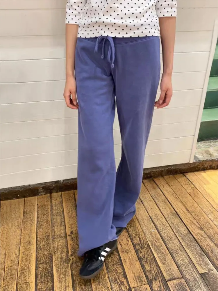 Navy Drawstring Sweatpants Woman Spring Raw Hem Straight Yoga Long Pants Female Vintage Streetwear Cotton Fleece Trousers Y2K